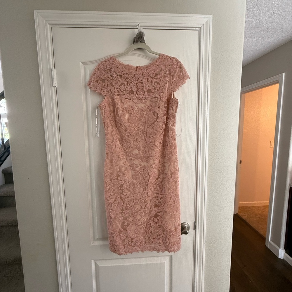 Tadashi Shoji Pink Sheath Midi Dress with Short Sleeves for Wedding Guest
